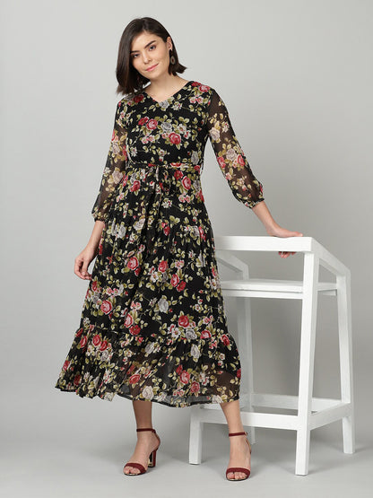 Souchii Black & Pink Floral Chiffon Midi Dress