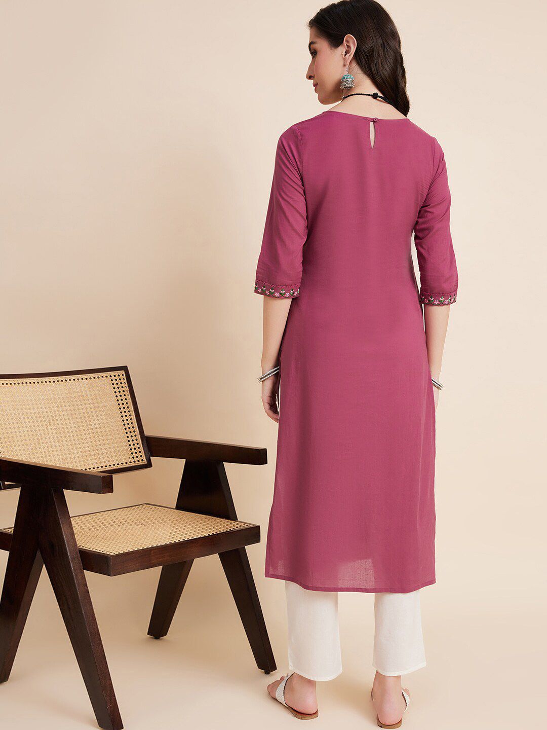 Sangria Floral Embroidered Cotton Straight Kurtas