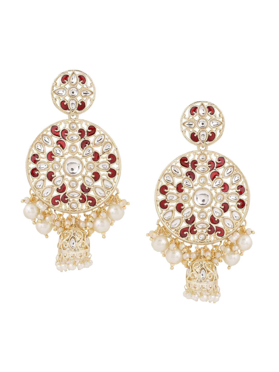 Shoshaa Maroon Contemporary Gold-Polished Kundan Drop Earrings With Jhumkas Earrings Sets