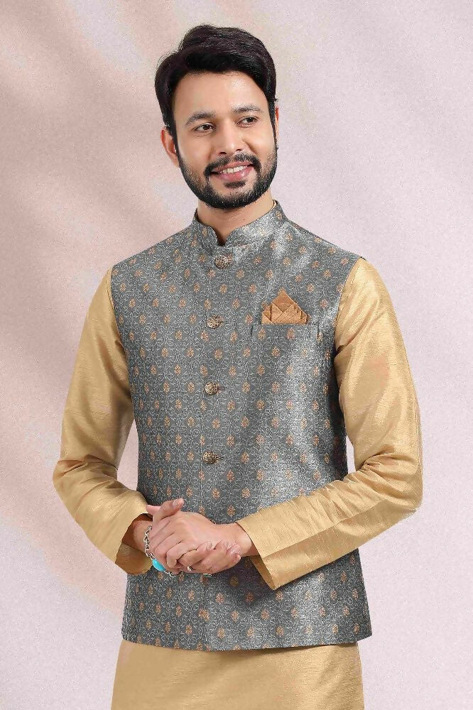 Raivat Ethnic Jacquard Banarasi Silk Woven Work 3 Pics Jacket Set In Grey Colour