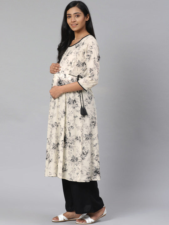 Anayna Women Off-White & Grey Floral Print A-Line Maternity Kurta