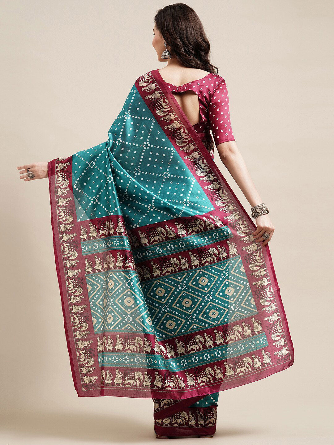 Saree Mall Blue & Maroon Bandhani Silk Blend Bandhani Sarees