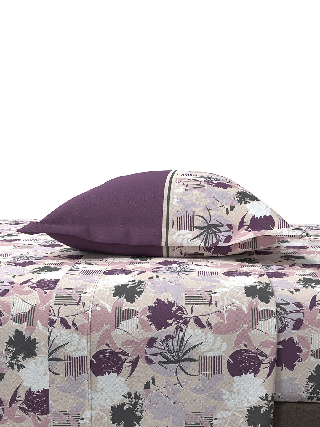 MYTRIDENT Mauve White Floral Cotton 144 TC Queen Bedsheet With 2 Pillow Covers