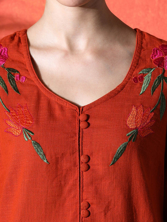 Sangria Embroidered A-Line 100% Cotton Kurta & Trousers Kurta Set