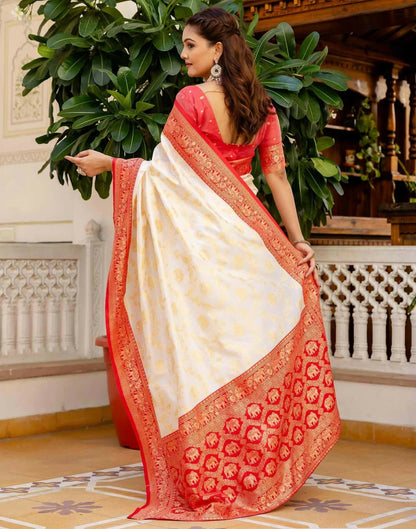 Joban Fashion Off White Silk Woven Banarasi Saree