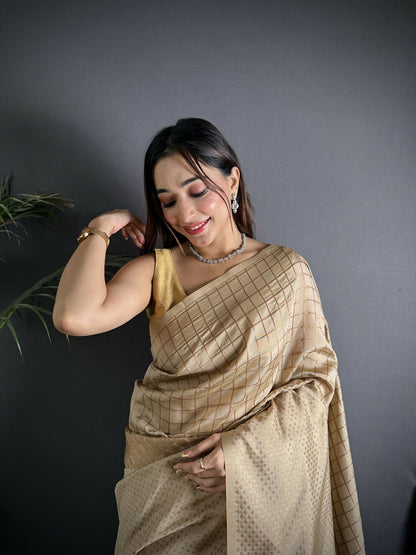 Joban Fashion Ivory Banarasi Soft Lichi Silk Checks & Woven Saree