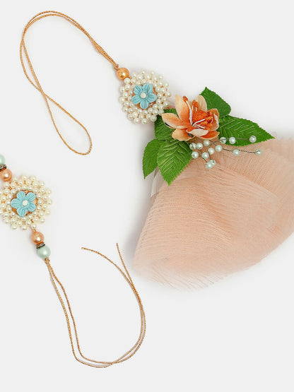NVR Women & Men Set of 2 Peach Floral Design Pearl Beaded Bhaiya Bhabi Rakhi With Roli Chawal & Chocolate