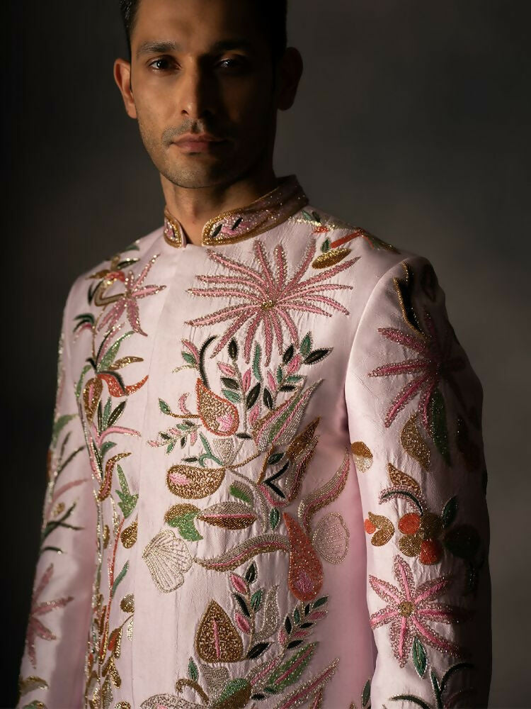 Pink Hand Embroidered Indowestern Sherwani by Hilo Design