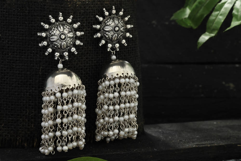 Mominos Fashion Johar Kamal Silver-Plated Earrings With Pearls Jhumkas