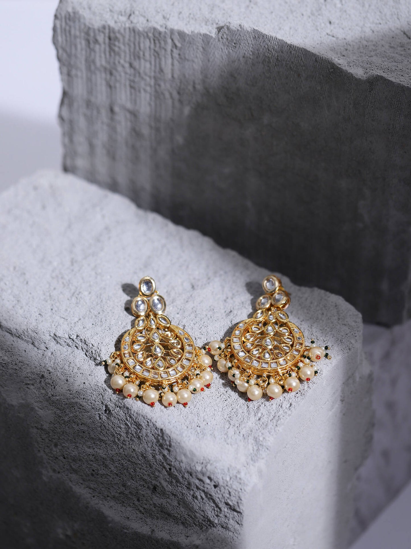 Gold-Toned White Kundan Contemporary Gold-Polished Chandbalis Earrings - Ruby Raang