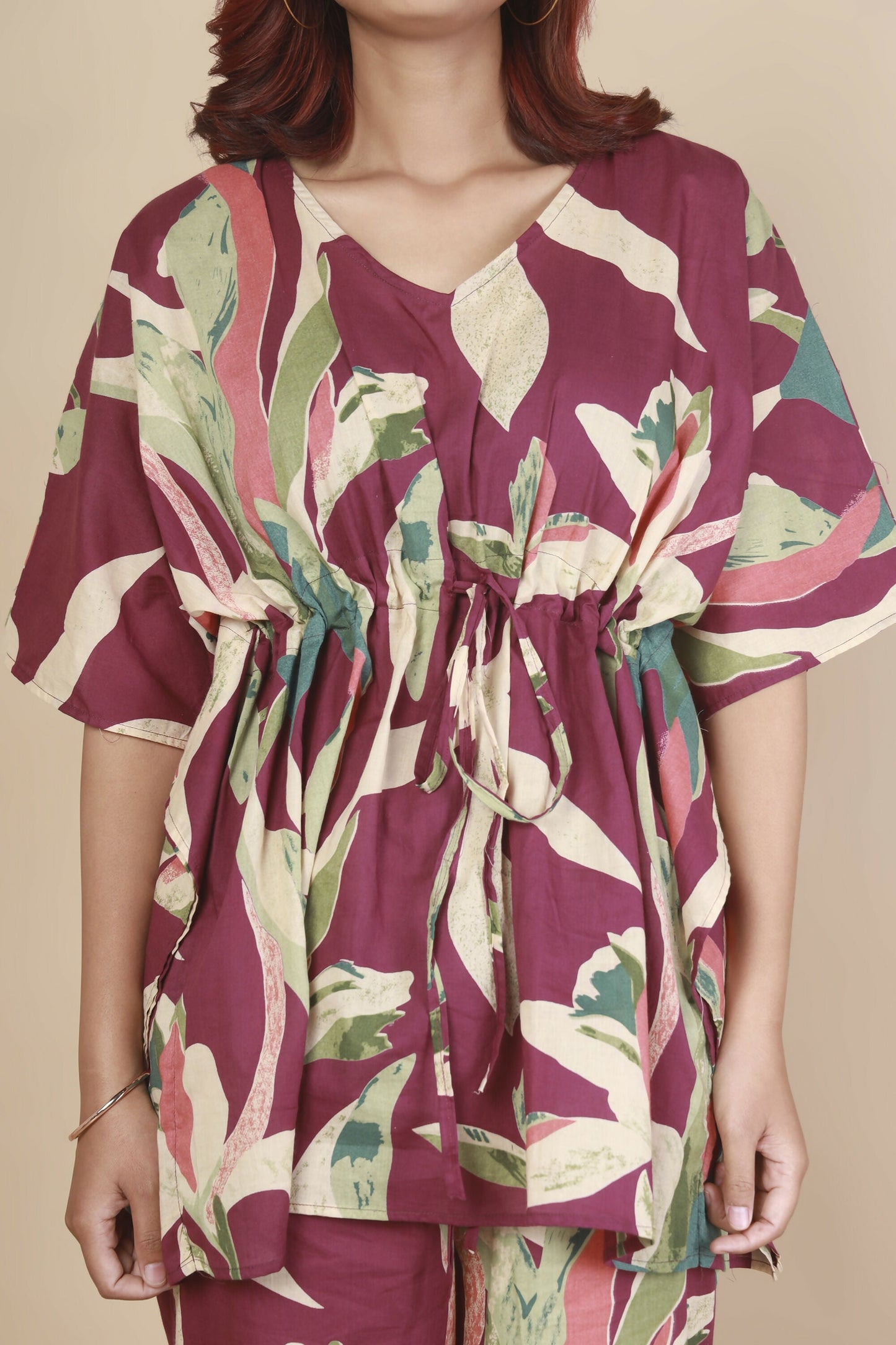 Breathables Women’S Loungewear Kaftan Cotton Wine Abstract Print Co-Ord Set