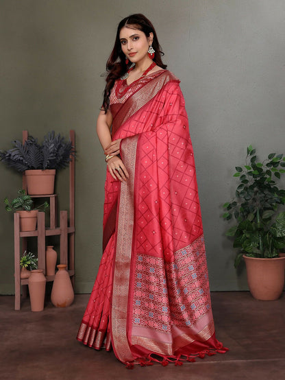 Joban Fashion Carrot Red Woven Design Banarasi Silk Sarees