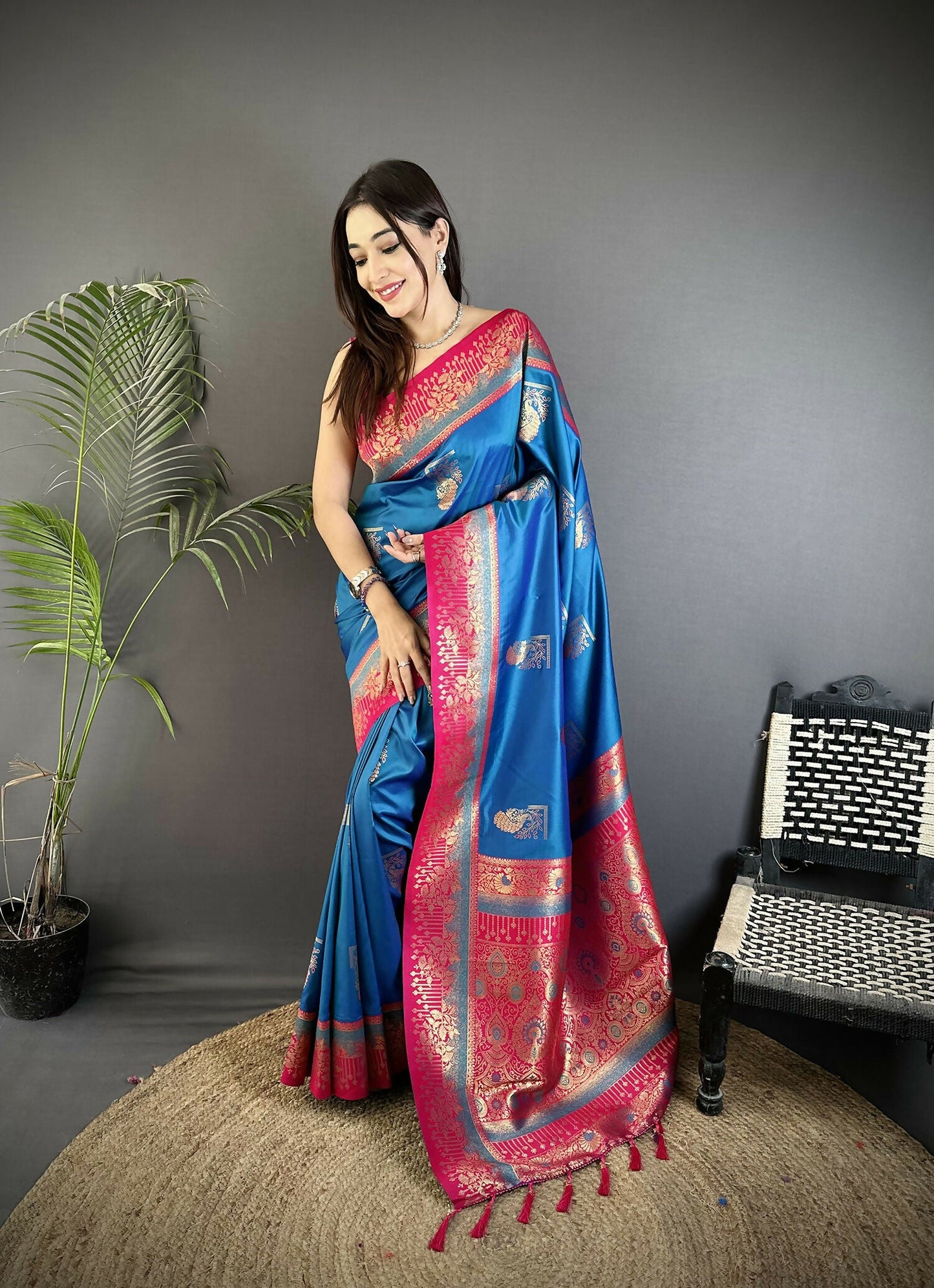 Joban Fashion Royal Blue Banarasi Soft Silk Peacock Butta Work Saree