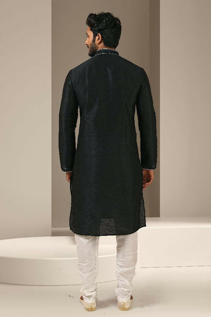 Raivat Ethnic Banarasi Art Silk Thread Work Kurta Pajama In Black Colour