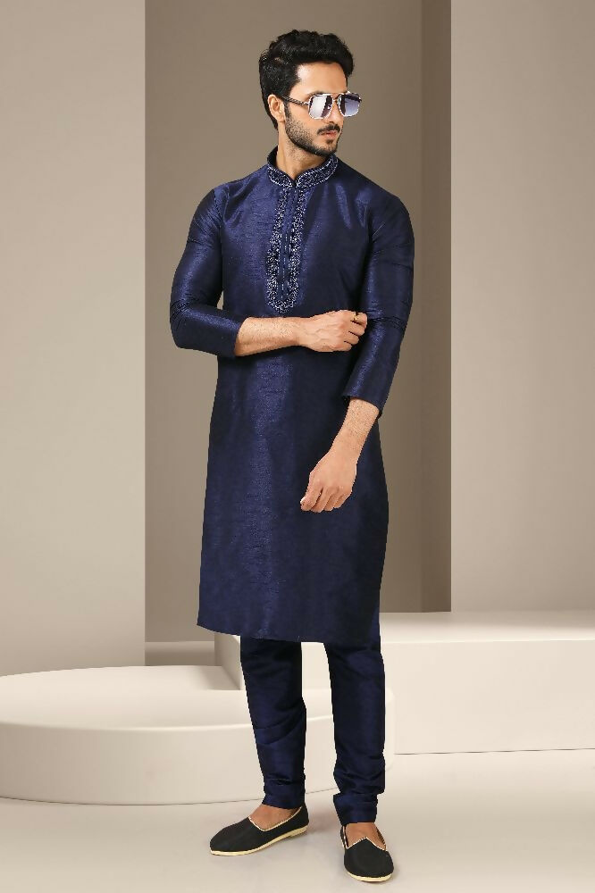 Raivat Ethnic Banarasi Art Silk Mirror Work Kurta Pajama In Navy Blue Colour