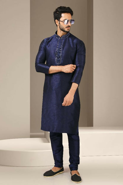 Raivat Ethnic Banarasi Art Silk Mirror Work Kurta Pajama In Navy Blue Colour