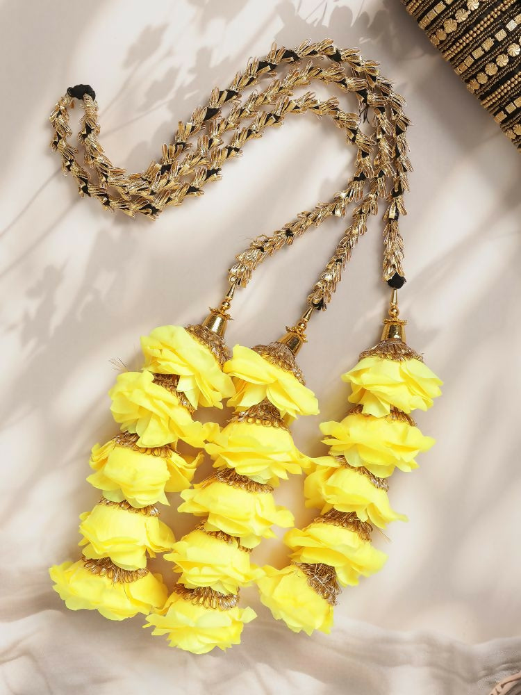 Ruby Raang Gold Gota Pati Work And Yellow Rosses With Black Thread & Golden Stones