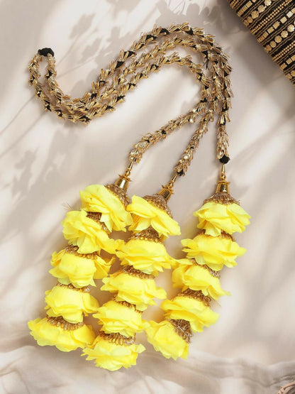 Ruby Raang Gold Gota Pati Work And Yellow Rosses With Black Thread & Golden Stones