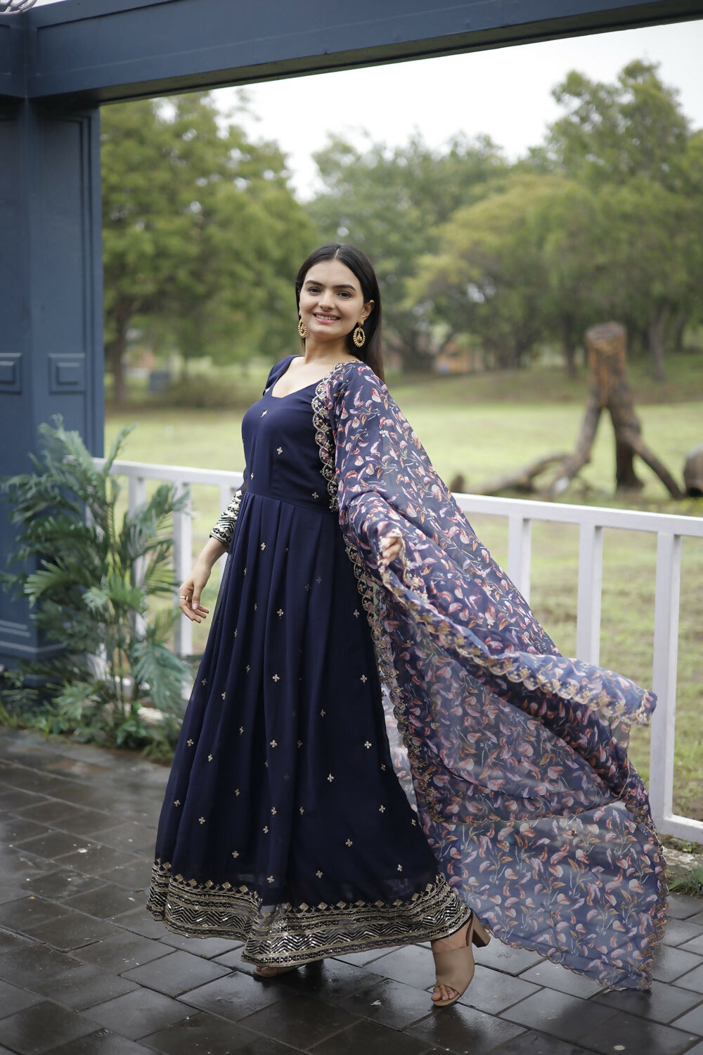 Aayaa Designer Embroidery Zari Sequins-Work Faux Blooming Georgette Suit - Navy Blue
