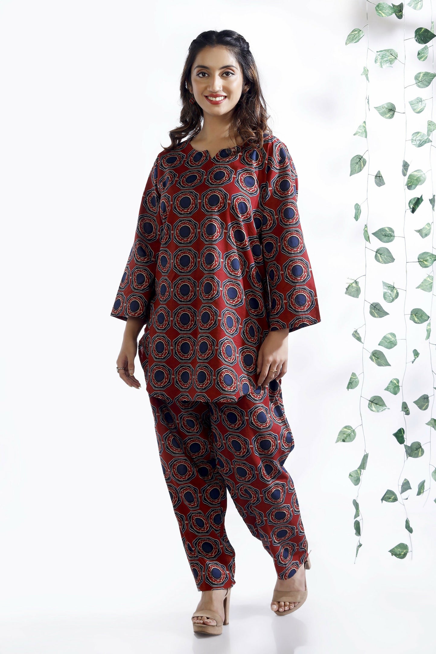 Breathables Abstract Cotton Co-Ord Set – Red