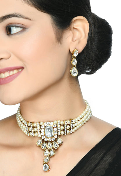 Mominos Fashion Johar Kamal Gold-Polished Brass Finish Kundan/Stone Choker For Women (White)