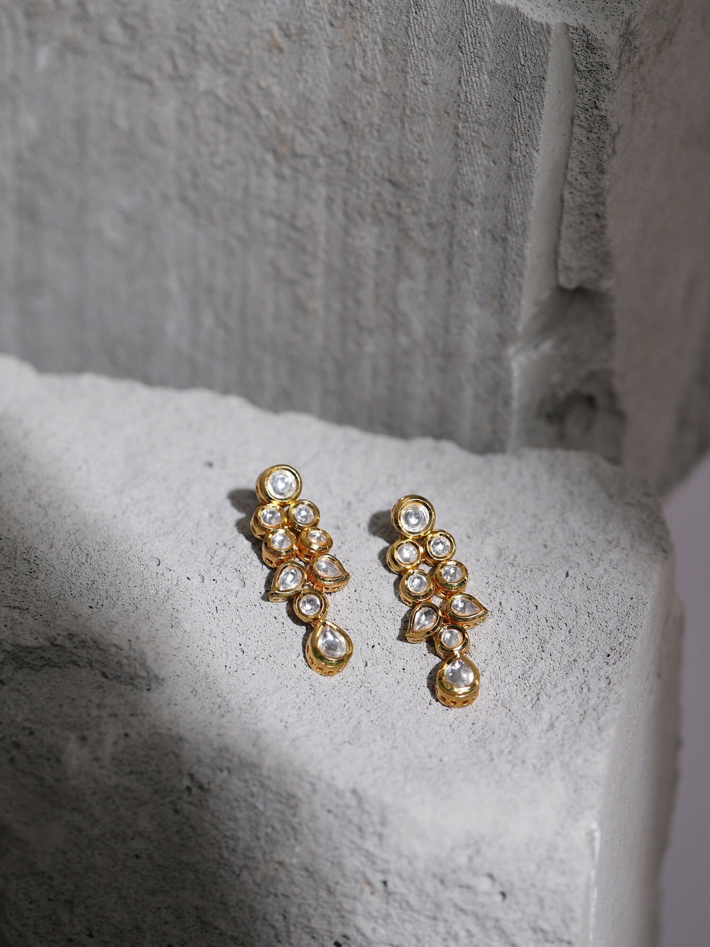 Gold-Toned White Kundan Contemporary Gold-Polished Drop Earrings - Ruby Raang