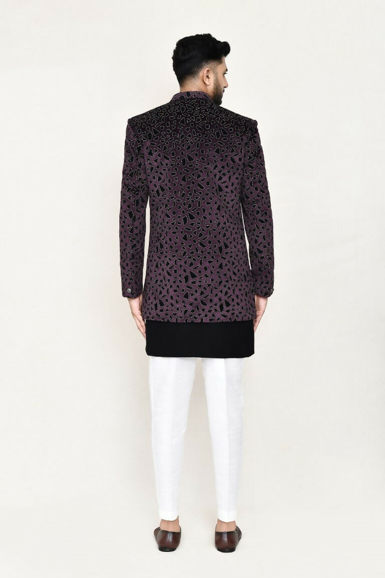 Joban Fashion Black Colored Velvet Based With Aplics Fabric Open Jacket, Indo Western With Pant