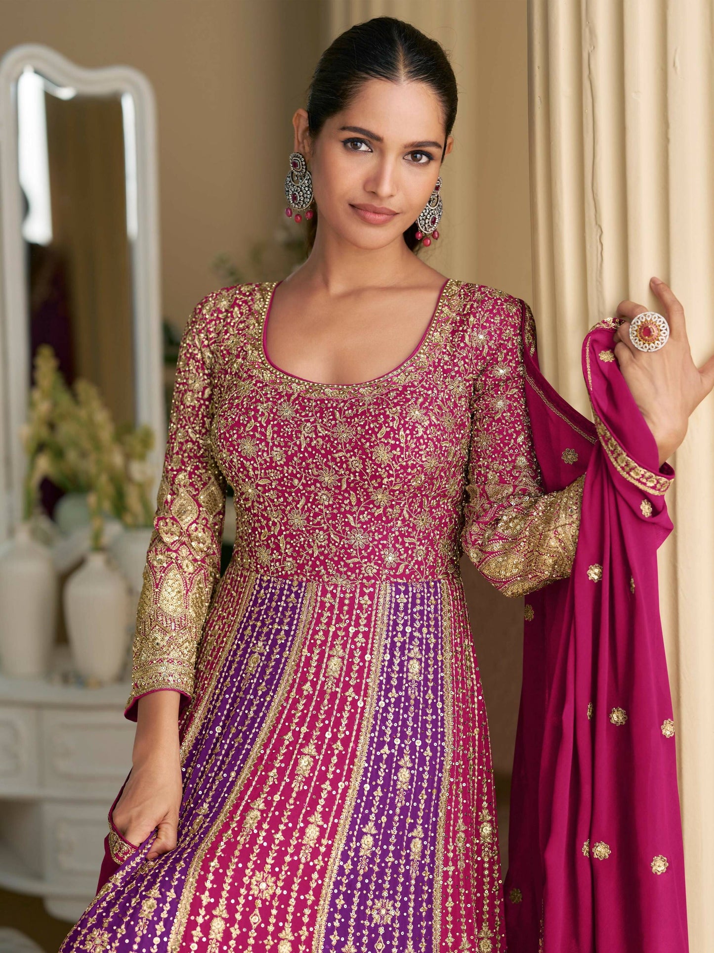 Anaita Rani Pink Georgette Readymade Anarkali Suit with Embroidery Zarkan Work