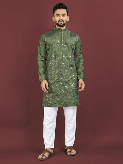 Anaita Dark Green Embroidered Silk Straight Kurta