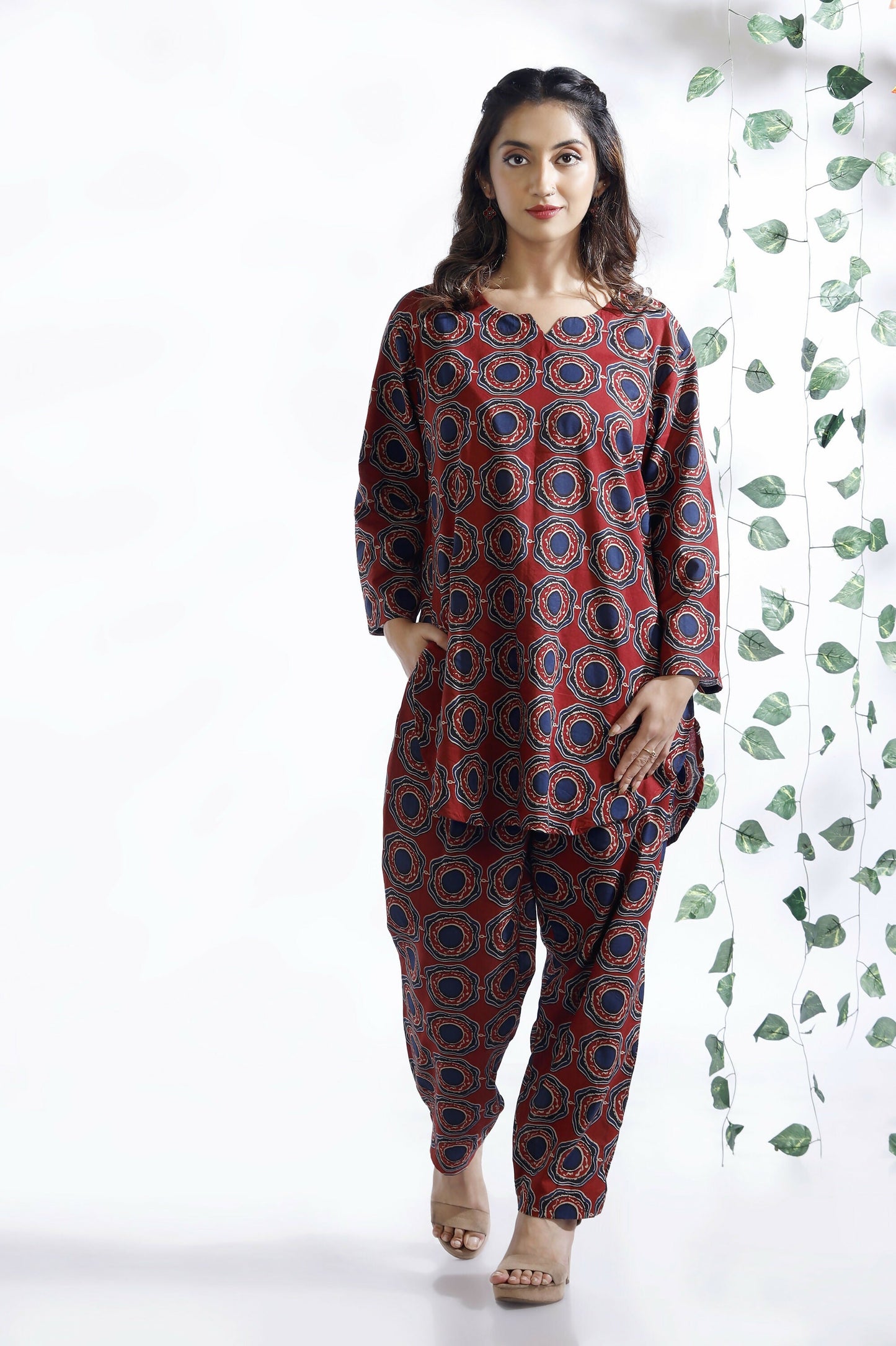 Breathables Abstract Cotton Co-Ord Set – Red
