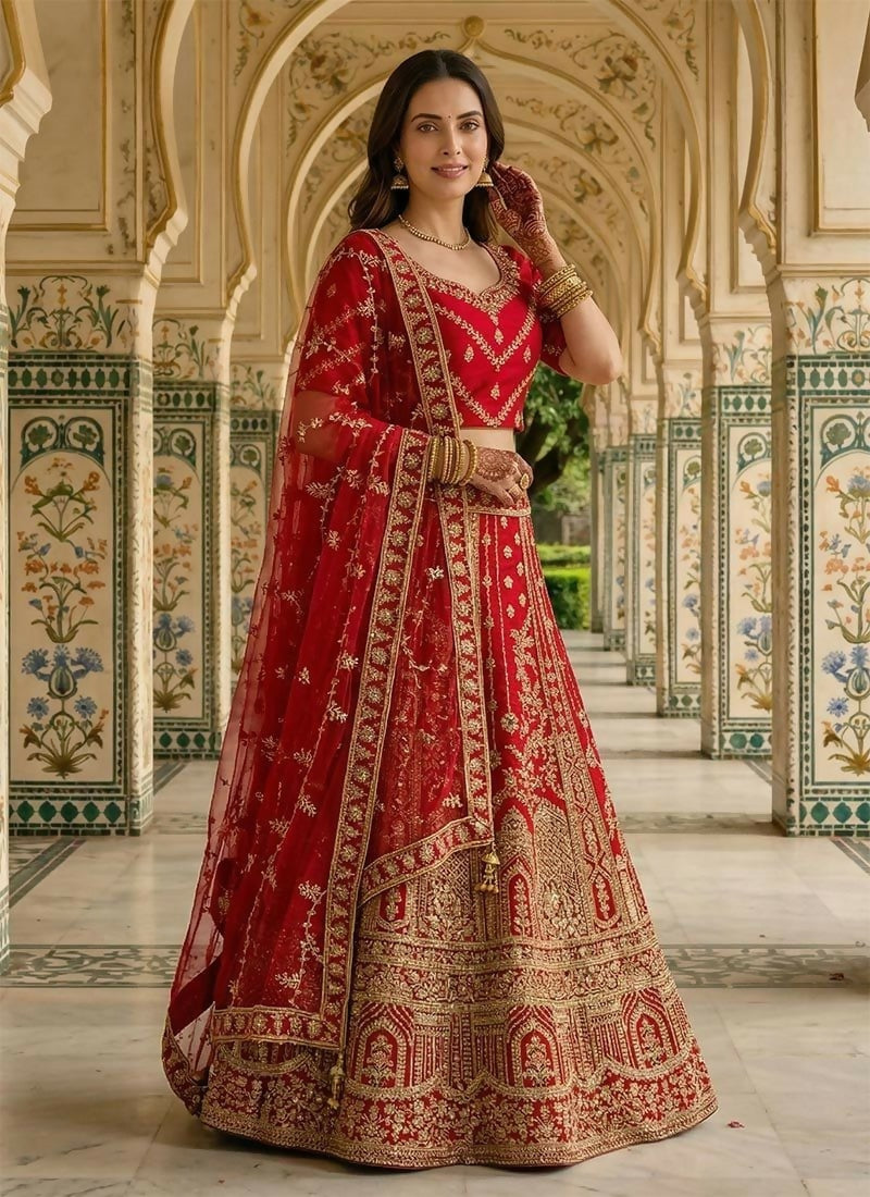Lehenga Mart Red Heavy Silk With Fusing Designer Bollywood Style Wedding Wear Lehenga Choli