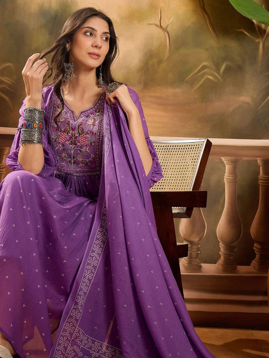 Sangria Women Thread Embroidered Pure Cotton Anarkali Kurta With Trousers & Dupatta