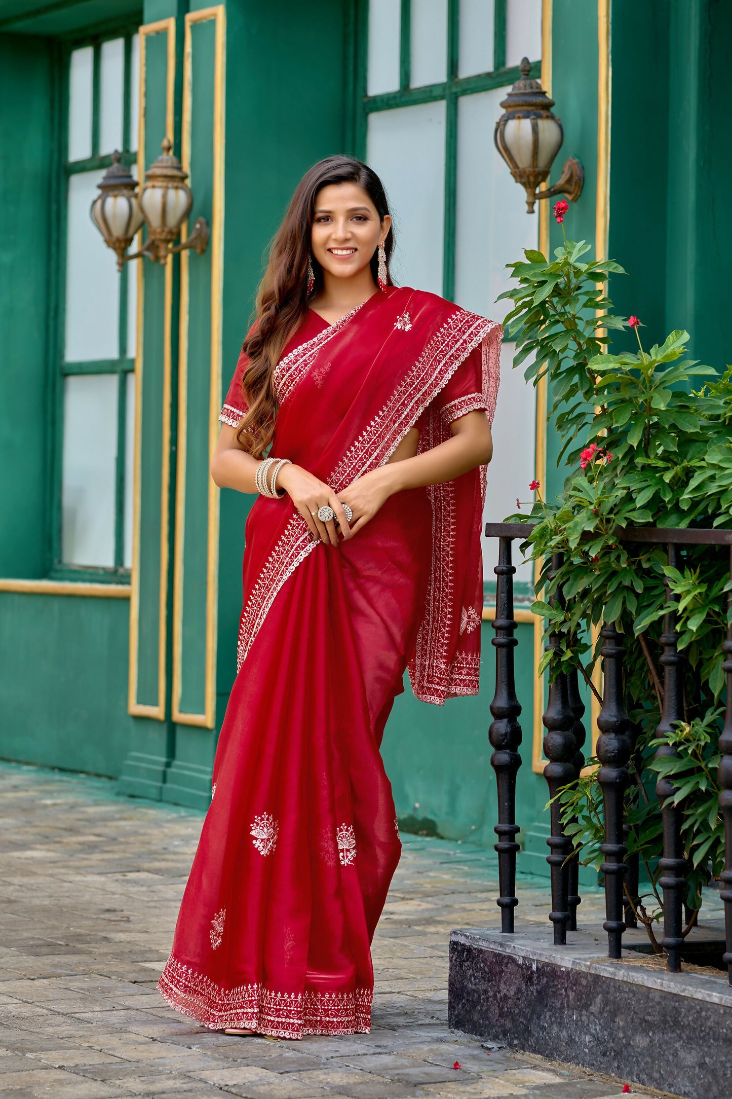 Vastranavya Red Embroidery Work Shimmer Chiffon Saree with Unstitched Blouse