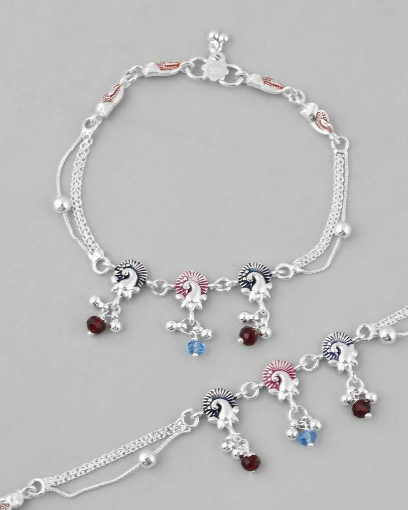 VOJ Set of 2 Silver Plated Peacock Shaped Multi Color Anklet