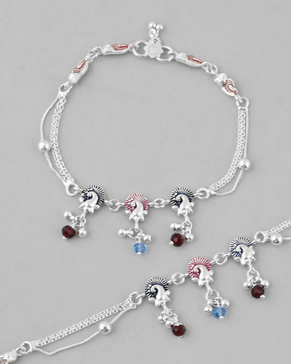 VOJ Set of 2 Silver Plated Peacock Shaped Multi Color Anklet