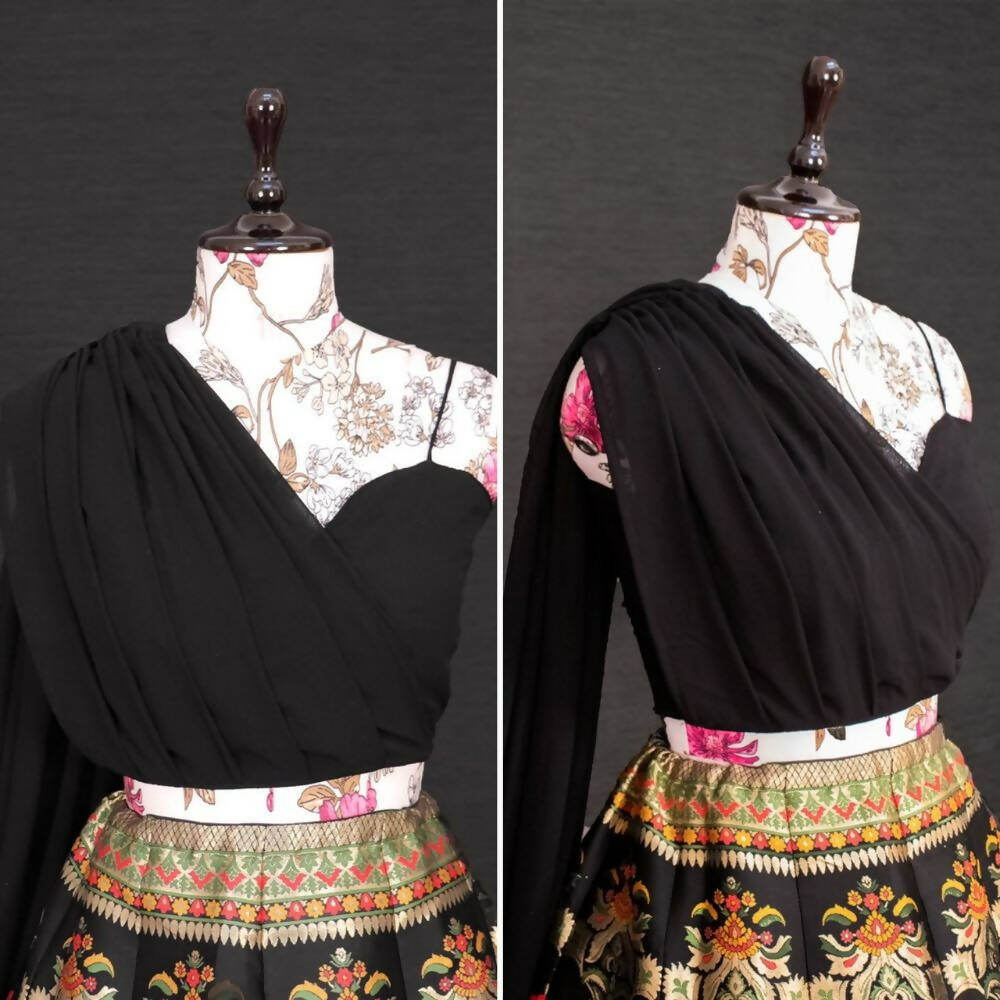Black Banarasi Silk Lehenga Choli for Women, Ready to Wear Stitched Lengha Choli for Party by Infinity Export