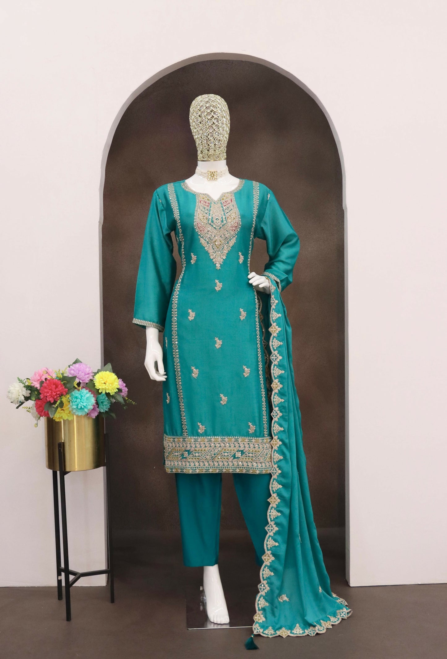 Anaita Turquoise Heavy Chinon Readymade Suit with Embroidery & Sequence Work