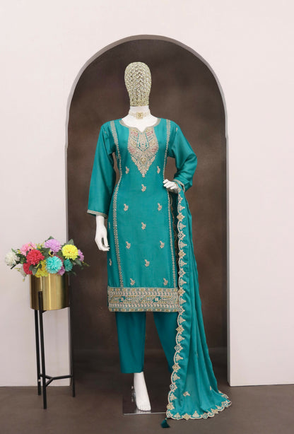 Anaita Turquoise Heavy Chinon Readymade Suit with Embroidery & Sequence Work