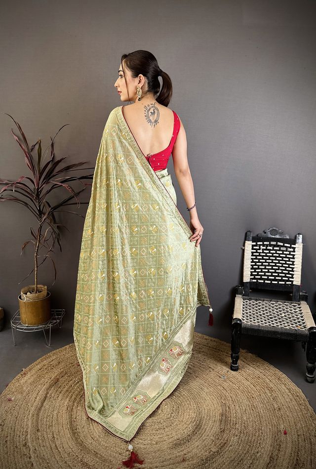 Elora Sage Green Vichitra Silk Animal Motifs Foil Print Sequence Embroidery Work Bandhani Saree