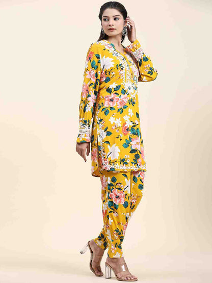 HOUSE OF KARI Floral Printed Chikankari Regular Straight Pure Cotton Kurta with Trousers