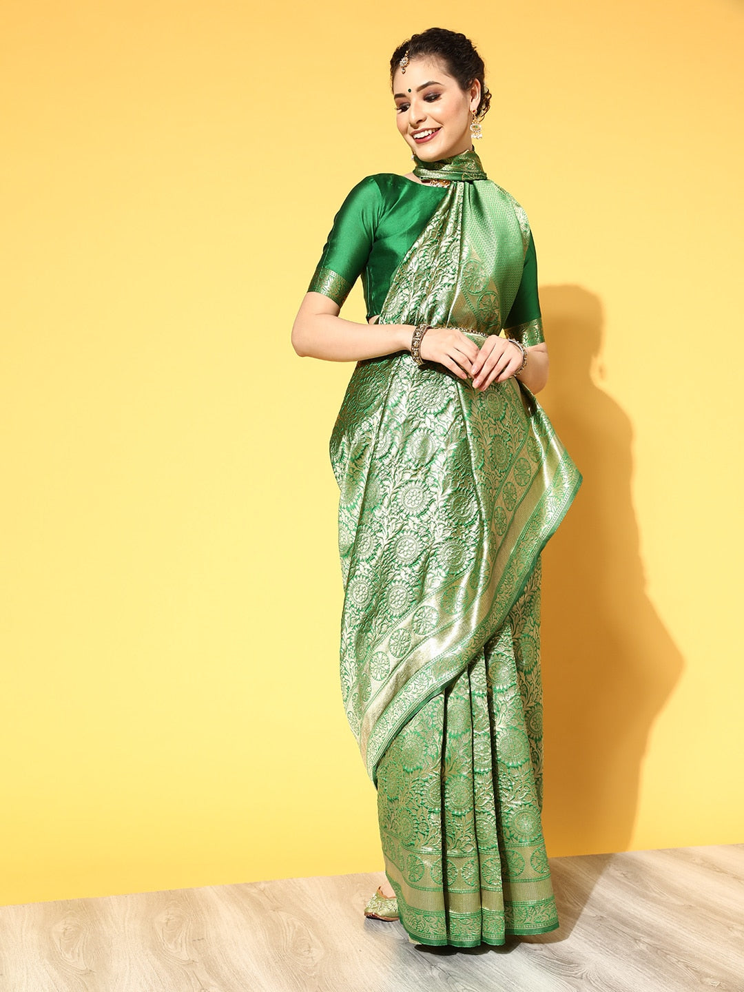 Saree Mall Green & Golden Woven Design Banarasi Saree