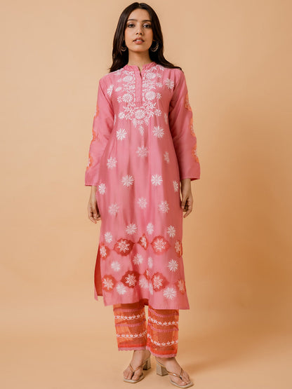 HOUSE OF KARI Ethnic Motifs Embroidered Chikankari Straight Chanderi Silk Kurta