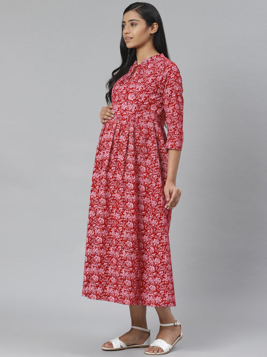 Anayna Maroon & Pink Printed Pure Cotton Maternity A-Line Dress