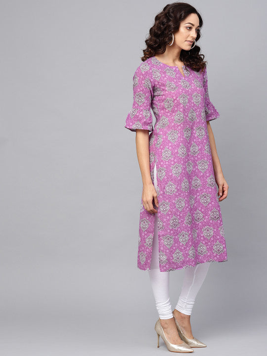 Anayna Women Purple & Off-White Printed Straight Kurta