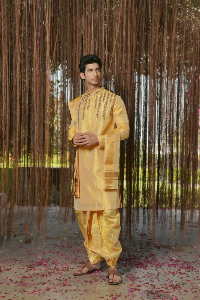 Gold Machine Kanjivaram Embroidered Pattu Set by Hilo Design