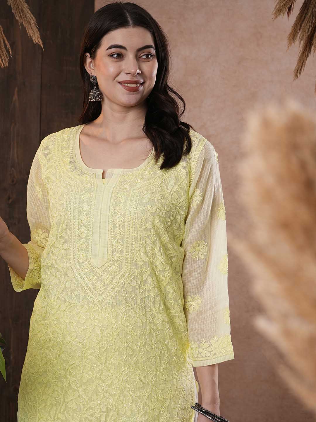 ADA Women Yellow & White Hand Embroidered Chikankari Sustainable Kota Handloom Kurta With Matching Slip
