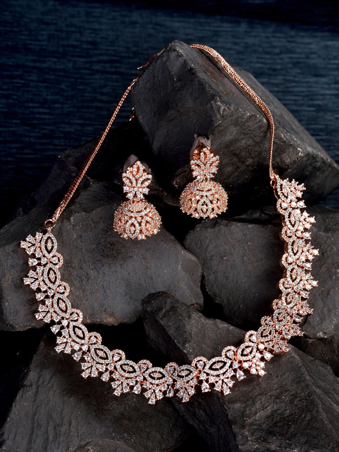 Saraf RS Jewellery Rose Gold-Polished & White AD & CZ-Studded Contemporary Jewellery Set