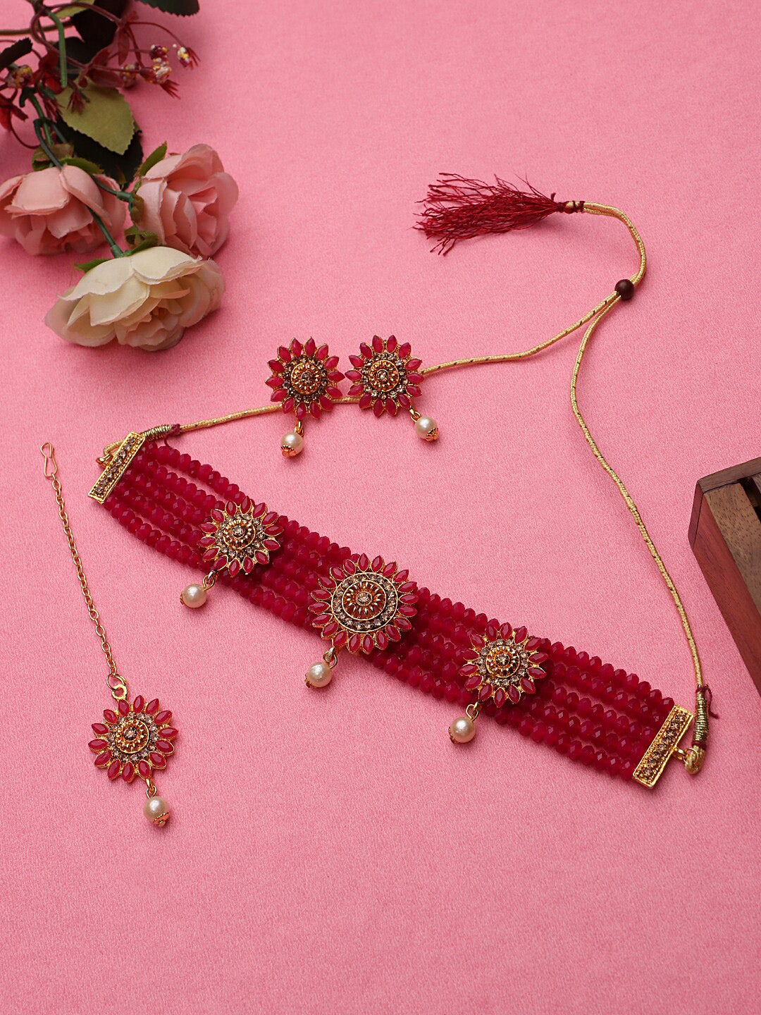 Cardinal Gold-Toned & Pink Onyx-Studded & Beaded Jewellery Set