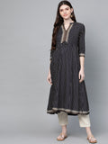 Anayna Women Navy Blue & Golden Ethnic Motifs Block Print A-Line Maternity & Nursing Kurta