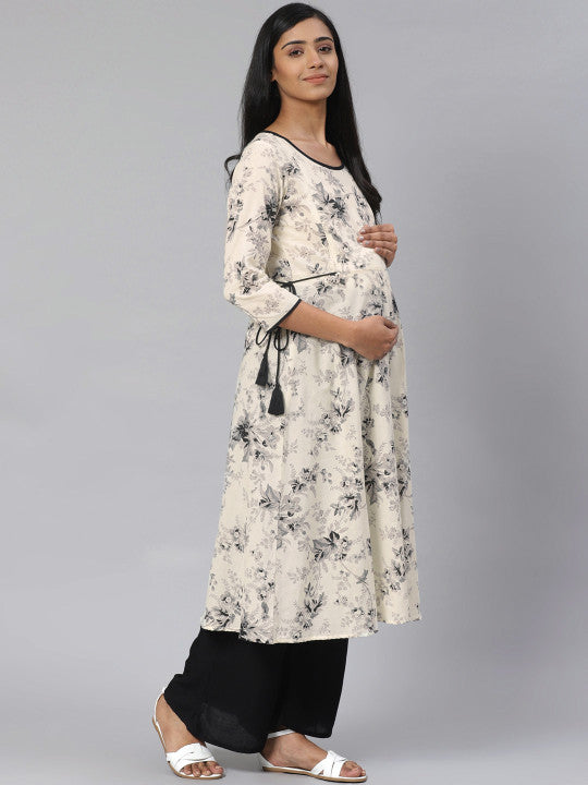 Anayna Women Off-White & Grey Floral Print A-Line Maternity Kurta
